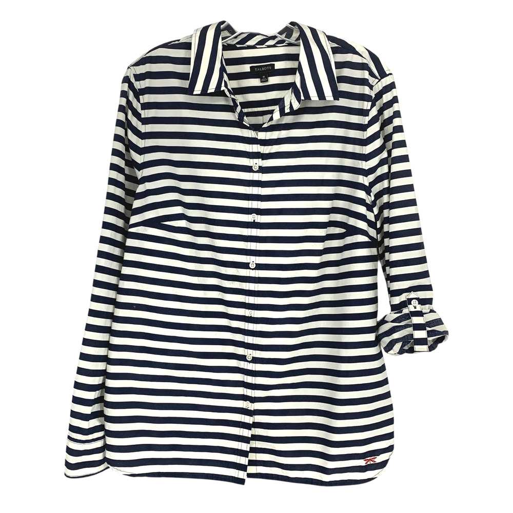 Talbots Plus Sz 16 Navy White Striped Button Front Shirt Roll Tab Sleeves - Picture 2 of 7